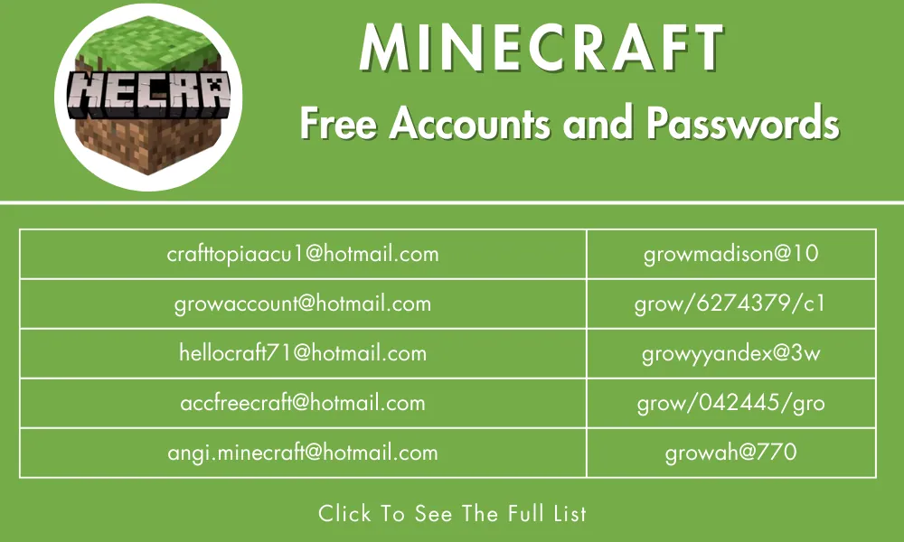 Minecraft Free Accounts and Passwords