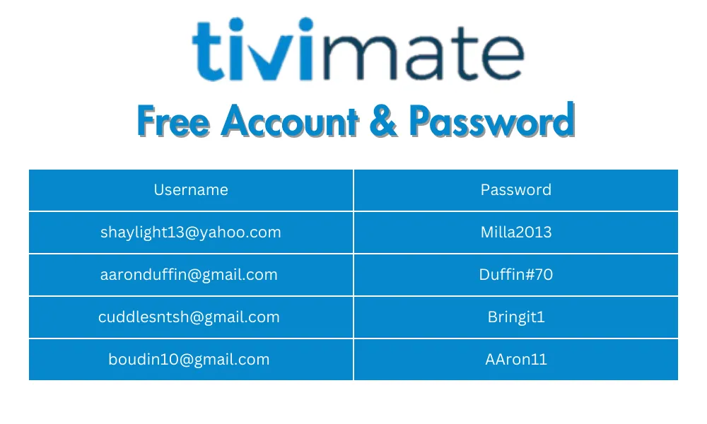 TiviMate Free Accounts and Passwords 